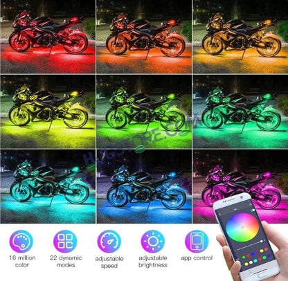 HJG 6Pcs Motorcycle Ambient Lighting Kit, Smart Mobile App Controlled RGB LED Underglow Strips (12V) | Waterproof & All Weather Proof | Flexible, Bendable & Can Be Cut Anywhere for Custom Fit | Multi-Color Accent Glow for All Bikes LIU HJG Ambient Light - HJGstore.com