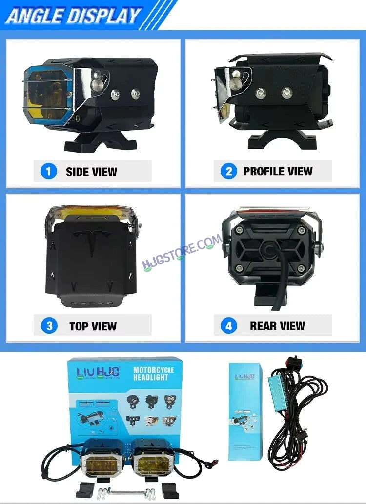 HJG Chrome Transformer Foglight 140W LED Projector with Wiring Kit Slider Yellow Cap Wide Spread White/Yellow 140W 2pc Foglight Ultra Wide Dual Intensity LED Driving Fog Lights 3000K/6500K Universal For All Cars & Bikes, Pack of 2 with Wiring Harness Kit - HJGstore.com