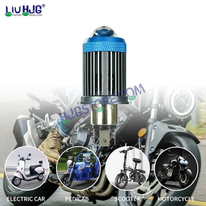 HJG H4 Lens LED Ice Blue Devil Lens New Model Ice Blue White Yellow LED Headlight Bulb H4 For All Motorcycles (Low and High Beam Bulbs (White/Yellow/Ice Blue) Ice Blue DRL White Yellow 50W Lens) - 12V DC Hi/Lo Type H4 - HJGstore.com