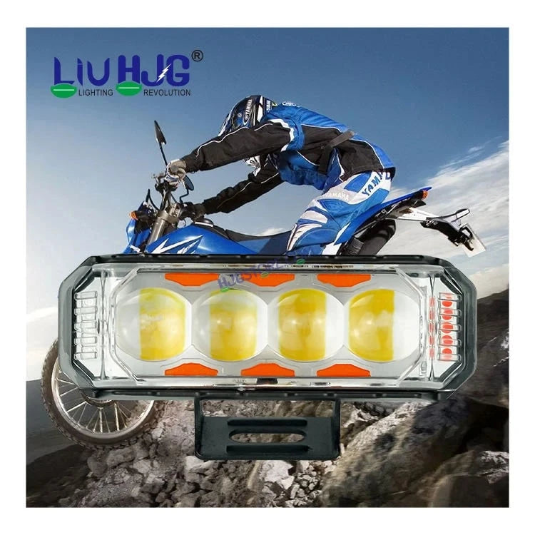 HJG 4 LED Light Bar with Red Blue Flash Strobe Fog Light for Bikes and Cars High Power, Heavy clamp and Strong aluminum. (4 LED Fog Light Bar Single) White/Yellow, Red Blue Strobe Flash, Pack of 1 - HJGstore.com