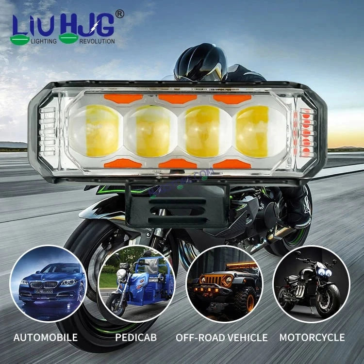 HJG 4 LED Light Bar with Red Blue Flash Strobe Fog Light for Bikes and Cars High Power, Heavy clamp and Strong aluminum. (4 LED Fog Light Bar Single) White/Yellow, Red Blue Strobe Flash, Pack of 1 - HJGstore.com
