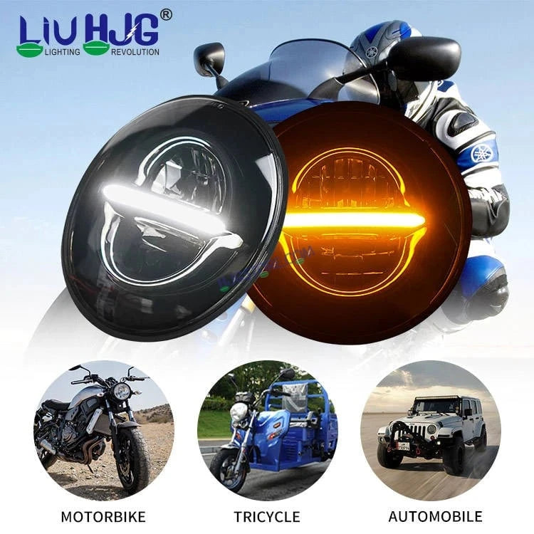 HJG 7 Inch Minus Thar Royal Enfield LED Headlight Assembly Halo Lights Dual Color Yellow White 7 Inch Round Motorcycle Lights For Jeeps Universal Car Compatible with Royal Enfield, Jeep, Thar Minus Thar - HJGstore.com