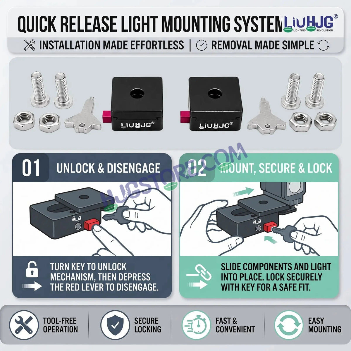 HJG Quick-Release Detachable Fog Light Clamp Set with Anti-Theft Lock Key | CNC Aluminum | HJG Removable Foglight Clamp | Universal Heavy-Duty Mounting Bracket for Auxiliary LED Lights - HJGstore.com