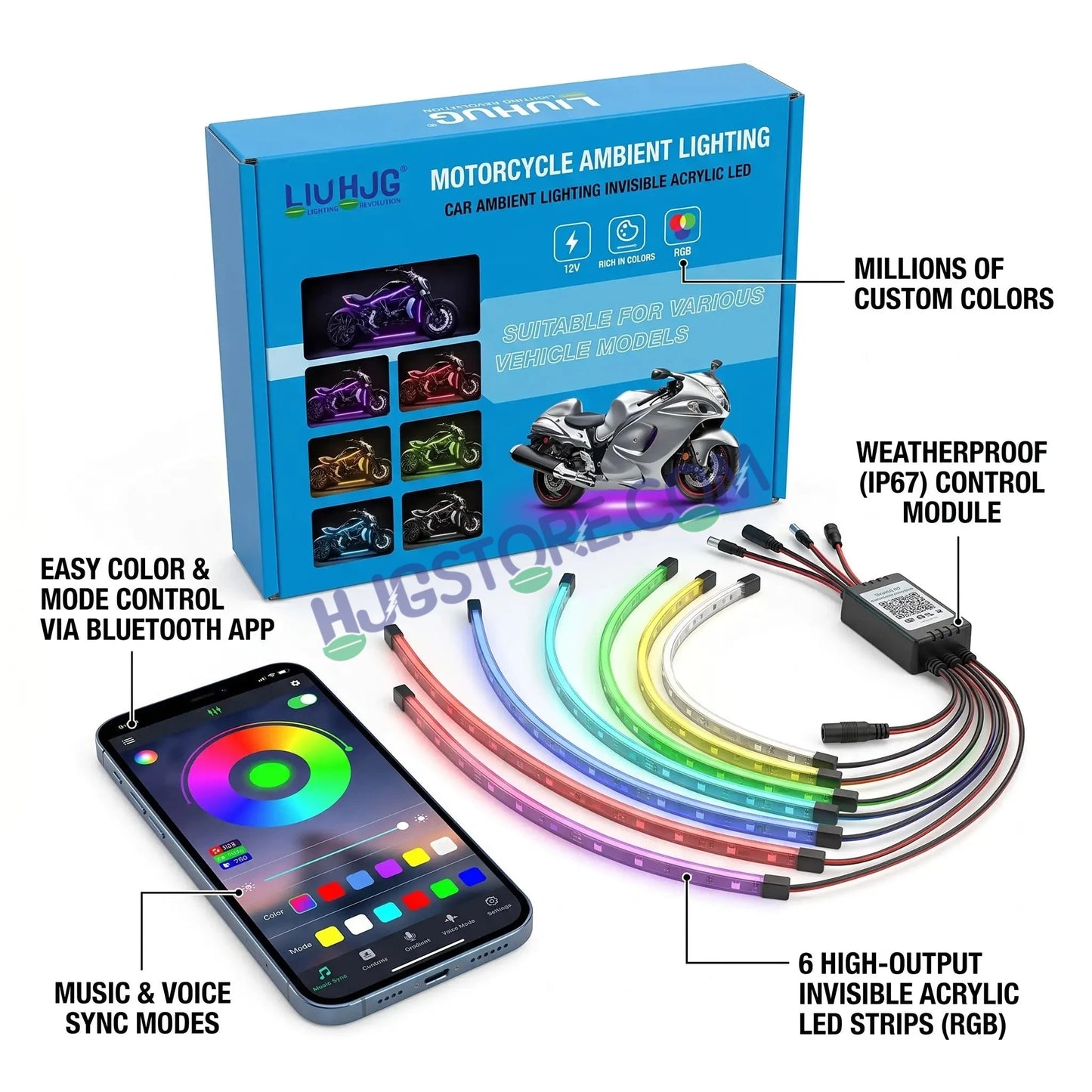 HJG 6Pcs Motorcycle Ambient Lighting Kit, Smart Mobile App Controlled RGB LED Underglow Strips (12V) | Waterproof & All Weather Proof | Flexible, Bendable & Can Be Cut Anywhere for Custom Fit | Multi-Color Accent Glow for All Bikes LIU HJG Ambient Light - HJGstore.com