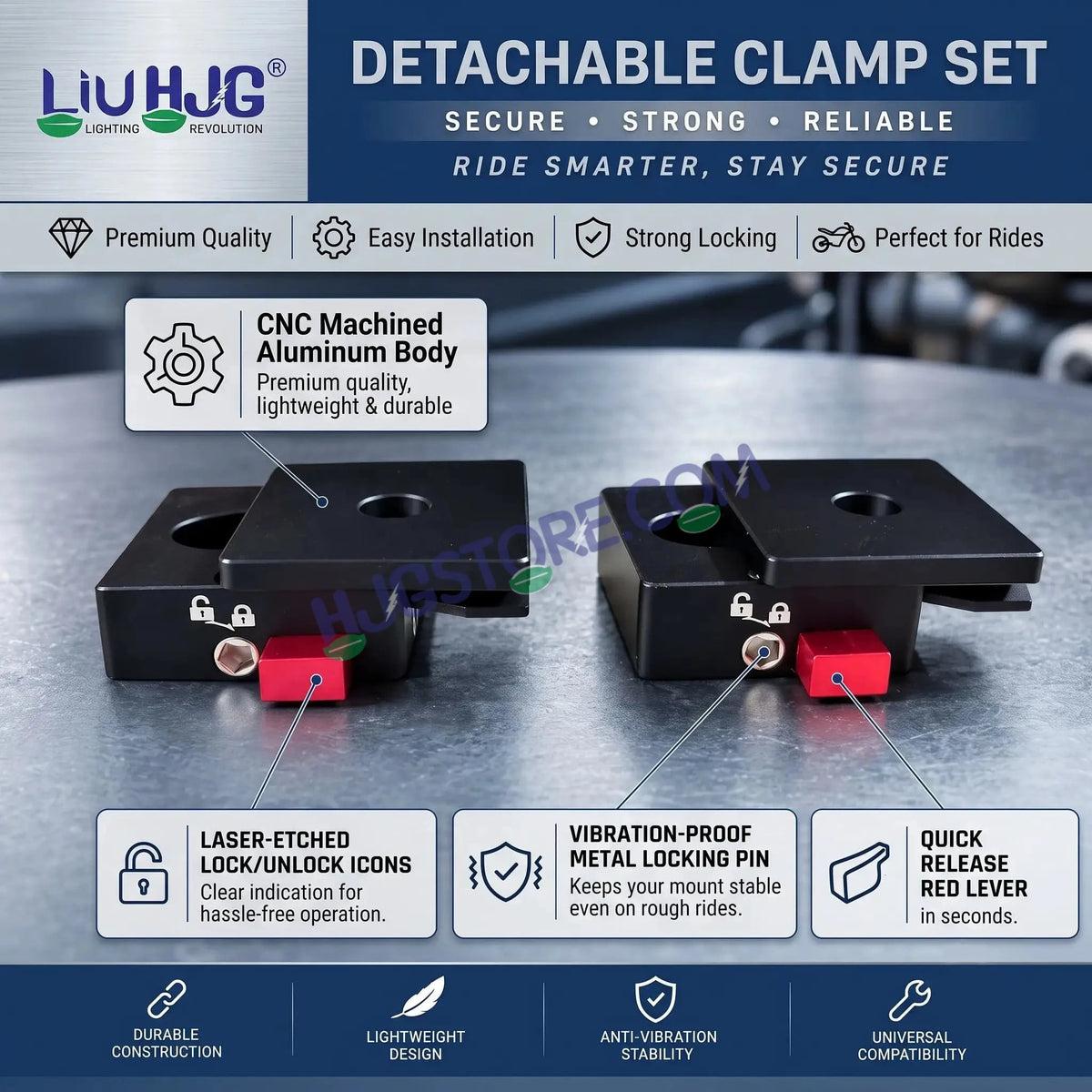 HJG Quick-Release Detachable Fog Light Clamp Set with Anti-Theft Lock Key | CNC Aluminum | HJG Removable Foglight Clamp | Universal Heavy-Duty Mounting Bracket for Auxiliary LED Lights - HJGstore.com