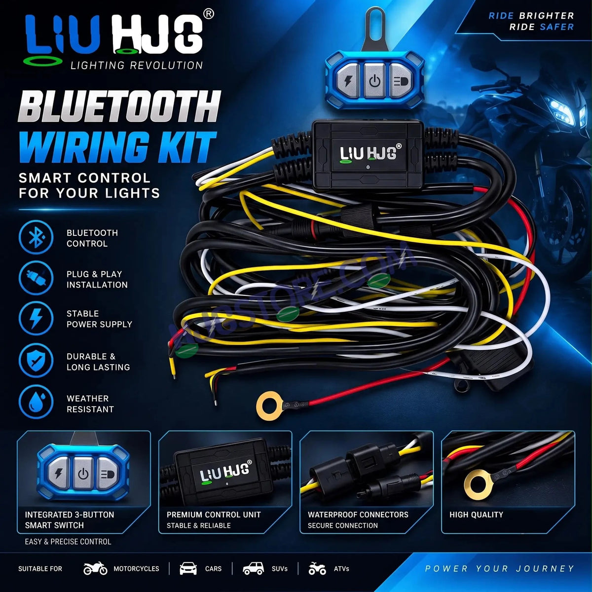 HJG Wireless Bluetooth Wiring Harness Kit for Auxiliary Fog Lights, Dual Color 3 Wire, High Power Relay, Integrated 3-Button Smart Remote Switch, Waterproof Plug & Play Control Cable for Motorcycles, Bikes, Cars, ATVs & SUVs - HJGstore.com
