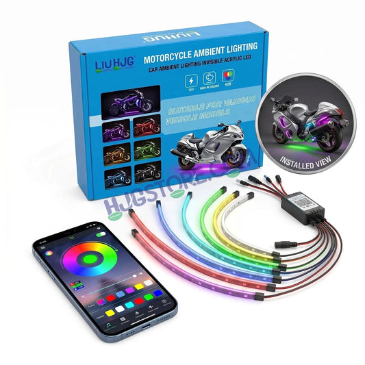 HJG 6Pcs Motorcycle Ambient Lighting Kit, Smart Mobile App Controlled RGB LED Underglow Strips (12V) | Waterproof & All Weather Proof | Flexible, Bendable & Can Be Cut Anywhere for Custom Fit | Multi-Color Accent Glow for All Bikes LIU HJG Ambient Light - HJGstore.com