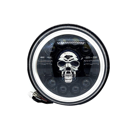 7 Inch Harley Skull Round Led Headlight Fits in Royal Enfield All Models, Mahindra Thar (12V-80V 75w) - bikerstore.in