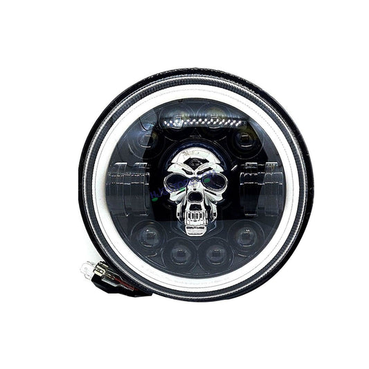 HJG 7 Inch Harley Skull Round Led Headlight Fits in Royal Enfield All Models, Mahindra Thar (12V-80V 75w) - HJGstore.com