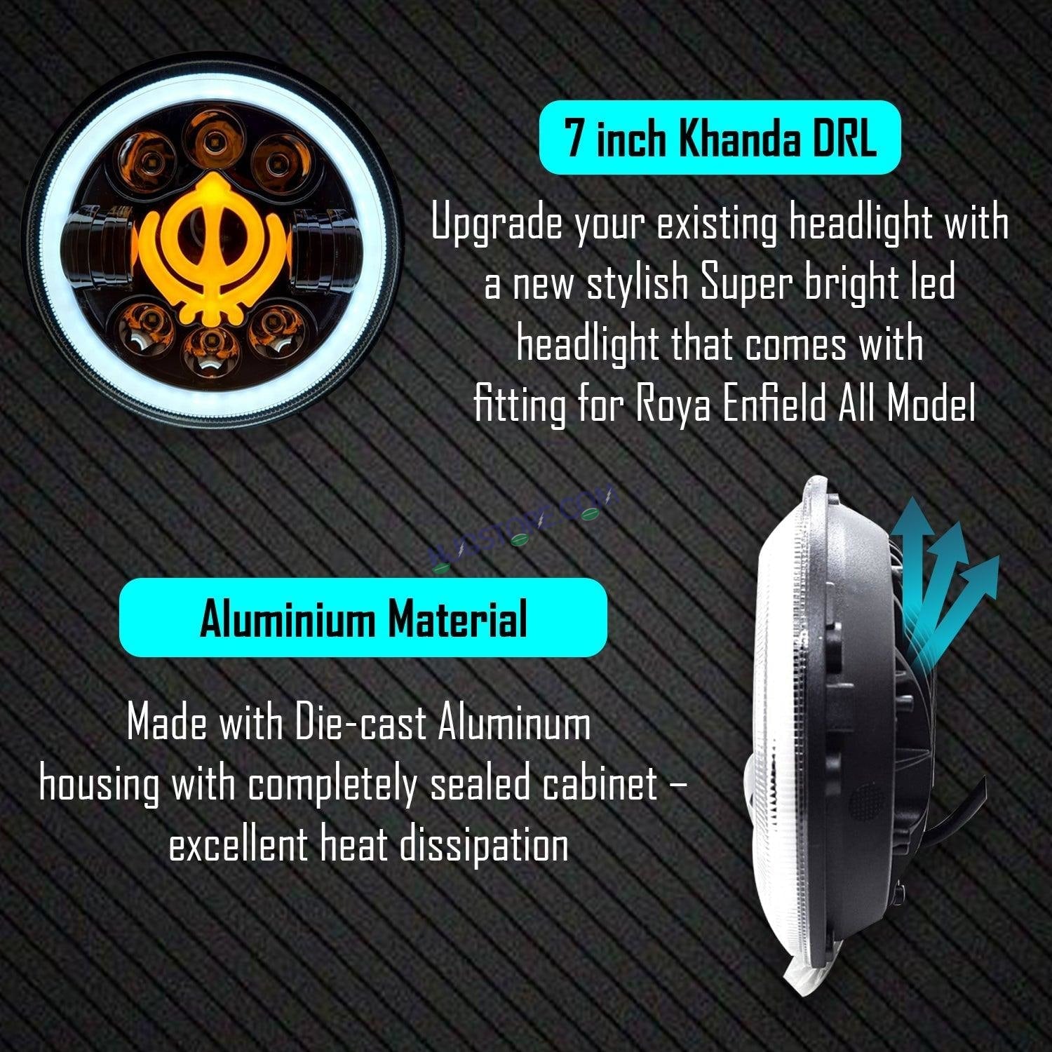 HJG 7 Inch Round Headlight Compatible with Royal Enfield, Jeep & Harley Davidson (Khanda DRL) (12V-80V 75W) - HJGstore.com