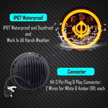 HJG 7 Inch Round Headlight Compatible with Royal Enfield, Jeep & Harley Davidson (Khanda DRL) (12V-80V 75W) - HJGstore.com