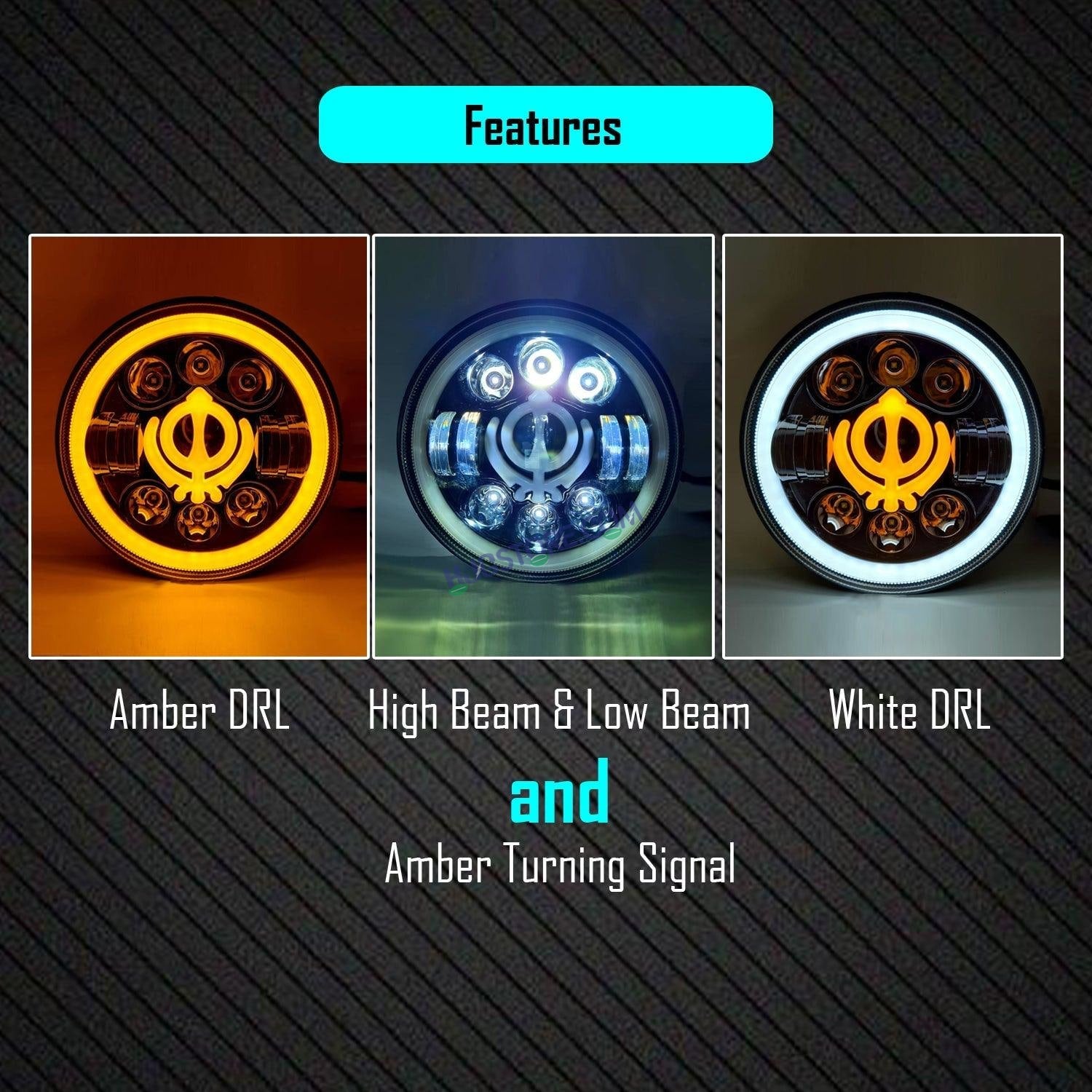 HJG 7 Inch Round Headlight Compatible with Royal Enfield, Jeep & Harley Davidson (Khanda DRL) (12V-80V 75W) - HJGstore.com