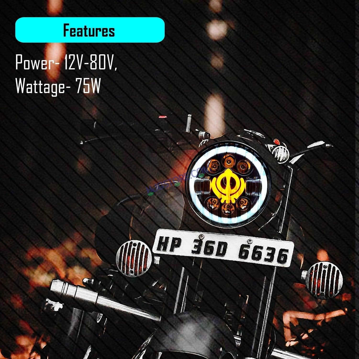 HJG 7 Inch Round Headlight Compatible with Royal Enfield, Jeep & Harley Davidson (Khanda DRL) (12V-80V 75W) - HJGstore.com