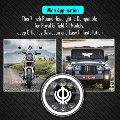 HJG 7 Inch Round Headlight Compatible with Royal Enfield, Jeep & Harley Davidson (Khanda DRL) (12V-80V 75W) - HJGstore.com