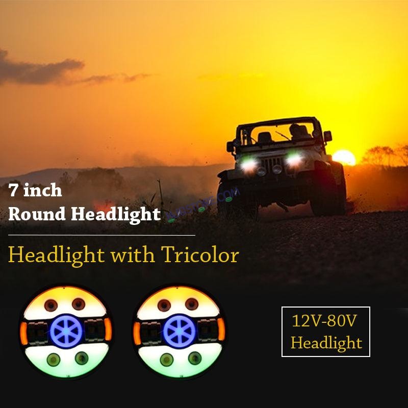 HJG 7 Inch Tri Colour Round LED Harley Headlight Fits in Royal Enfield, Thar (12V-80V 90W) (Tiranga) - HJGstore.com