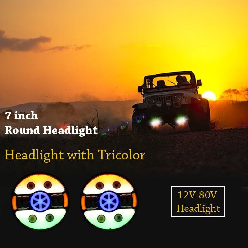 HJG 7 Inch Tri Colour Round LED Harley Headlight Fits in Royal Enfield, Thar (12V-80V 90W) (Tiranga) - HJGstore.com