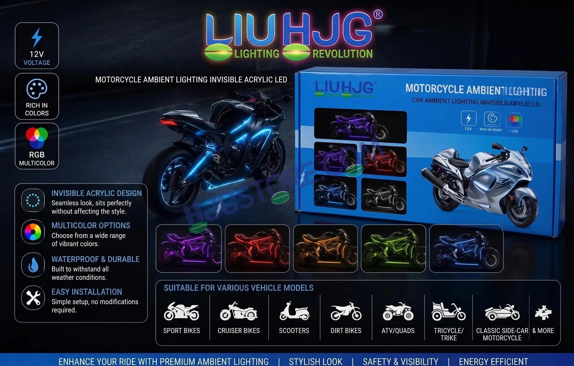 HJG 6Pcs Motorcycle Ambient Lighting Kit, Smart Mobile App Controlled RGB LED Underglow Strips (12V) | Waterproof & All Weather Proof | Flexible, Bendable & Can Be Cut Anywhere for Custom Fit | Multi-Color Accent Glow for All Bikes LIU HJG Ambient Light - HJGstore.com
