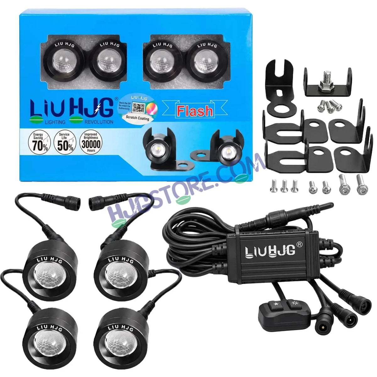 HJG 4 Pcs Motorcycle LED Strobe Light Kit with Remote Control, Wiring Harness, Relay Module & Switch - RGB Multi-Color Flashing Auxiliary Projector Lights - Universal Fit for Bikes, Cars, SUVs, Cruisers & Custom Builds - HJGstore.com