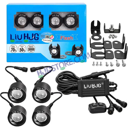 HJG 4 Pcs Motorcycle LED Strobe Light Kit with Remote Control, Wiring Harness, Relay Module & Switch - RGB Multi-Color Flashing Auxiliary Projector Lights - Universal Fit for Bikes, Cars, SUVs, Cruisers & Custom Builds - HJGstore.com