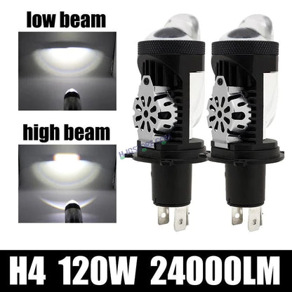 HJG RTD Lens H4 2pc for Car New Model RTD Lens Dual Projector Lens H4 LED Bulb 100W HJG Projector Light H4 LED Mini Projector Lens with Fan Bulb 12000LM Conversion Kit Hi/Lo Beam Headlight 12V/24V for Bike/Car/SUV, Set of 2, Red Devil DRL/White Hi/Lo 2pc - HJGstore.com