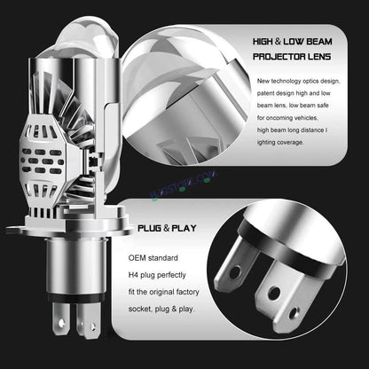 HJG RTD Lens H4 2pc for Car New Model RTD Lens Dual Projector Lens H4 LED Bulb 100W HJG Projector Light H4 LED Mini Projector Lens with Fan Bulb 12000LM Conversion Kit Hi/Lo Beam Headlight 12V/24V for Bike/Car/SUV, Set of 2, Red Devil DRL/White Hi/Lo 2pc - HJGstore.com