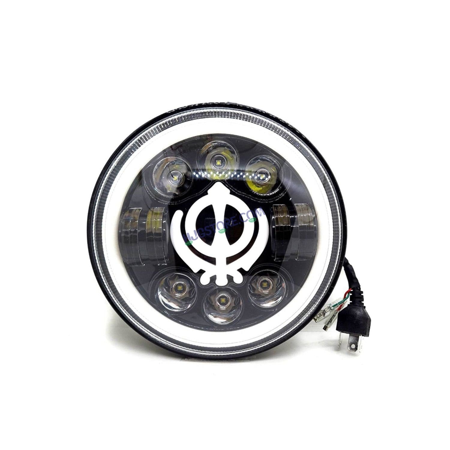 HJG 7 Inch Round Headlight Compatible with Royal Enfield, Jeep & Harley Davidson (Khanda DRL) (12V-80V 75W) - HJGstore.com