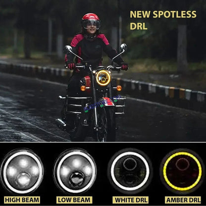 HJG Genuine Full Ring 7 Inch LED Headlight with Spotless and Bright DRL Fits in Royal Enfield (All Model) And Mahindra Thar (12V-80V DC 75W) - HJGstore.com