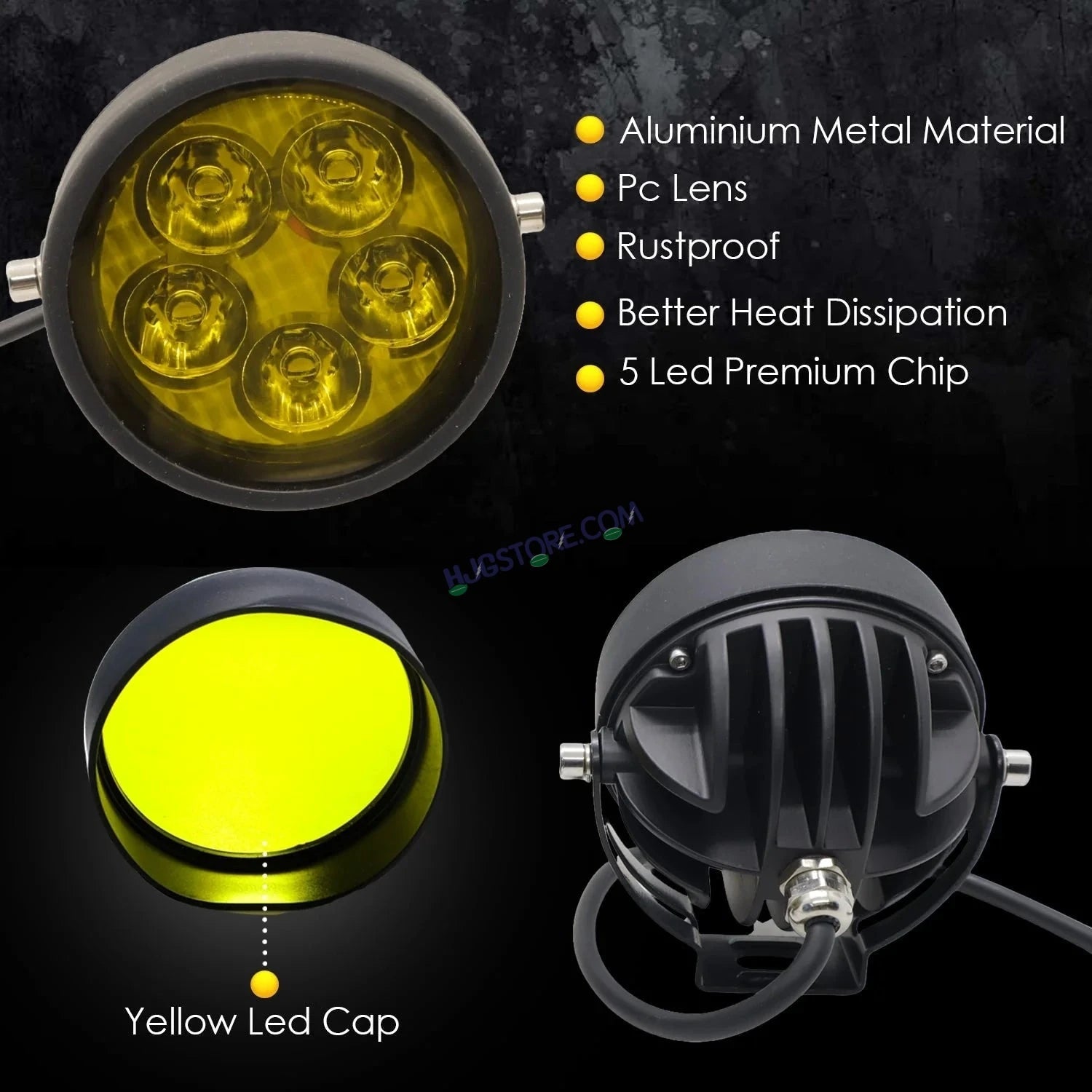 HJG 5 LED 100W Round CREE Foglight Foglamp with Yellow Cover 100W 5 LED HJG 100W 5 LED Car Accessories Led Headlights Lights Led Fog Lights For Motorcycle Car SUV Lights, Set of 2 with Wiring Harness Kit HJG 5 LED Round 100W - HJGstore.com