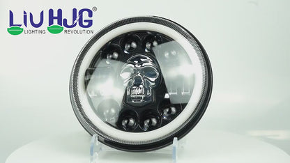 HJG 7 Inch Led Headlight Halo Lights Dual Color Yellow White 30w 7 Inch Round Motorcycle Lights For Jeeps Universal Car Compatible with Royal Enfield, Jeep & Harley Davidson (Harley Boss Headlight) Skull