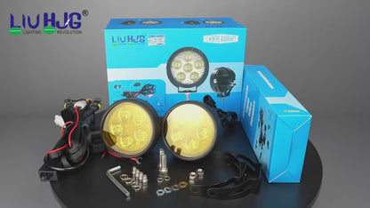 HJG 5 LED 100W Round CREE Foglight Foglamp with Yellow Cover 100W 5 LED HJG 100W 5 LED Car Accessories Led Headlights Lights Led Fog Lights For Motorcycle Car SUV Lights, Set of 2 with Wiring Harness Kit HJG 5 LED Round 100W