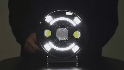 HJG New 100W Tri Projector 7 Inch Headlight Assembly C-194 100W White LED Headlight New Model 3 Projector Lens Headlight Assembly for Royal Enfield | 80-100W CREE/Osram LED Chip Multi color White/Yellow Compatible with Royal Enfield, Jeep, Thar, Gypsy