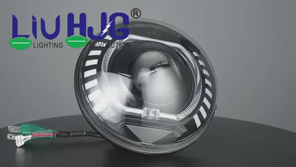 HJG C-227 Red Devil Blue Halo Ring 108W Projector Ultra Wide 7 Inch Headlight Assembly Red Blue Halo Ring C-227 White LED Headlight New Projector Headlight Assembly | 108W CREE/Osram LED Chip Multi DRL Compatible with Royal Enfield, Jeep, Thar, Gypsy