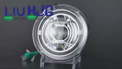 HJG New 90W Projector Ultra Wide 7 Inch Headlight Assembly C-256 90W White LED Headlight New Model Projector Lens Headlight Assembly for Royal Enfield | 80-100W CREE/Osram LED Chip Multi color White/Yellow Compatible with Royal Enfield, Jeep, Thar, Gypsy