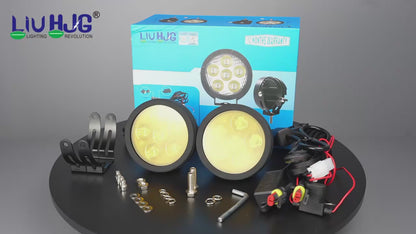 HJG 6 LED 120W Round CREE Foglight Foglamp with Yellow Cover 120W 6 LED HJG 120W 5 LED Car Accessories Led Headlights Lights Led Fog Lights For Motorcycle Car SUV Lights, Set of 2 with Wiring Harness Kit HJG 6 LED Round 120W